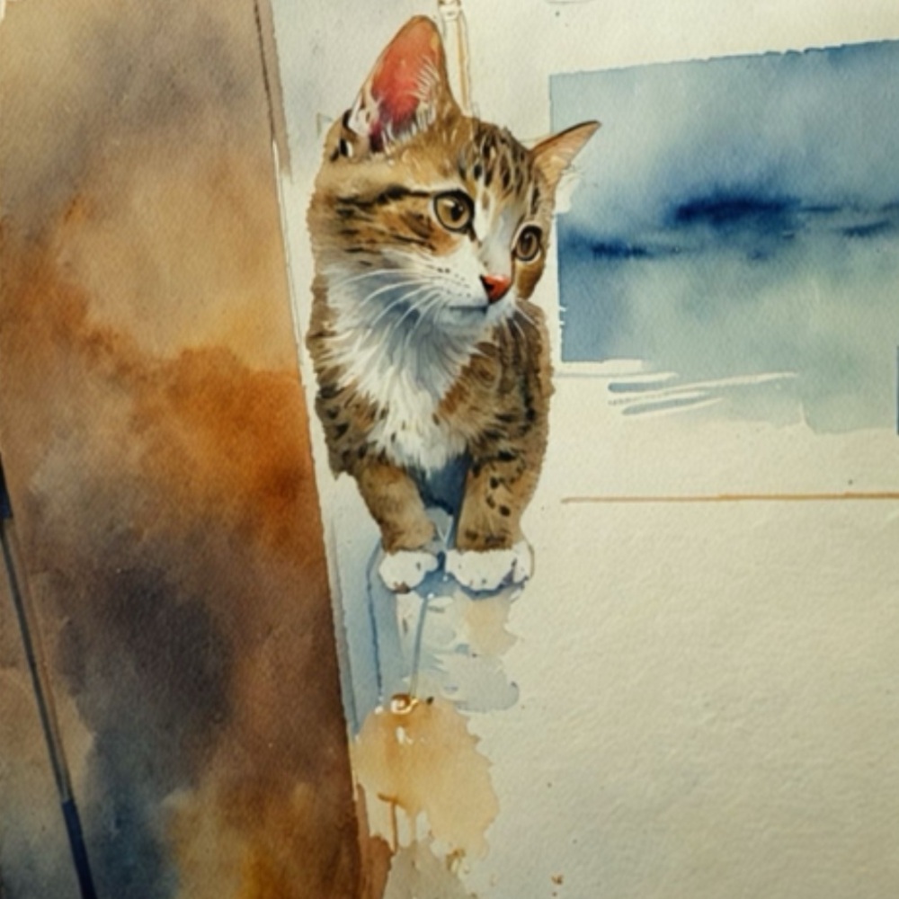 7.5 inch square Cozy Cat Watercolor Art - print out